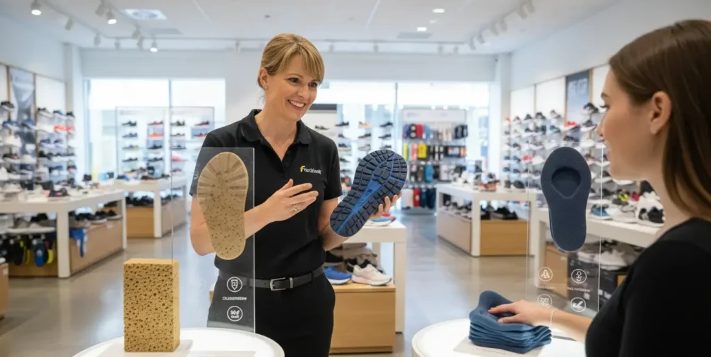 Female Footinst shoe expert comparing PU foam and memory foam shoes to a customer, demonstrating comfort, durability, support, and daily wear suitability.