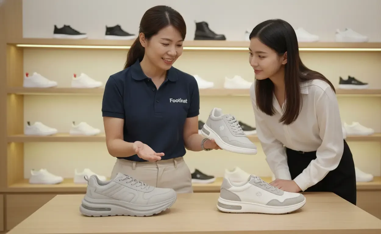 Female expert shoe seller introducing and comparing PU foam and memory foam shoes to a customer inside a Footinst flagship store, focusing on comfort and daily wear suitability.