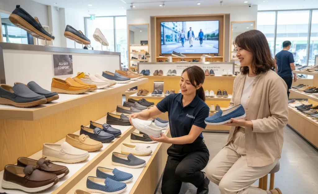 Female Footinst staff expert demonstrating shoes perfect for regular daily use, including comfortable casual shoes, loafers, sneakers, and supportive flats, highlighting durability and comfort.