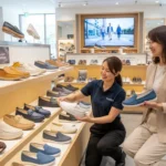 Female Footinst staff expert demonstrating shoes perfect for regular daily use, including comfortable casual shoes, loafers, sneakers, and supportive flats, highlighting durability and comfort.