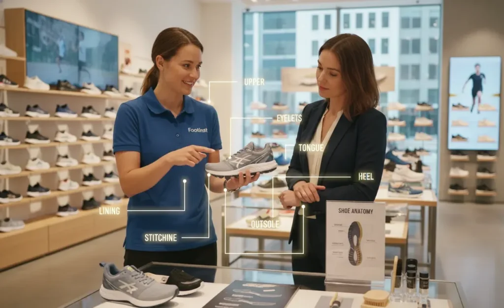 Female Footinst staff expert demonstrating and explaining different parts of a shoe to a customer in a flagship store, highlighting the upper, sole, heel, insole, outsole, tongue, eyelets, and stitching.