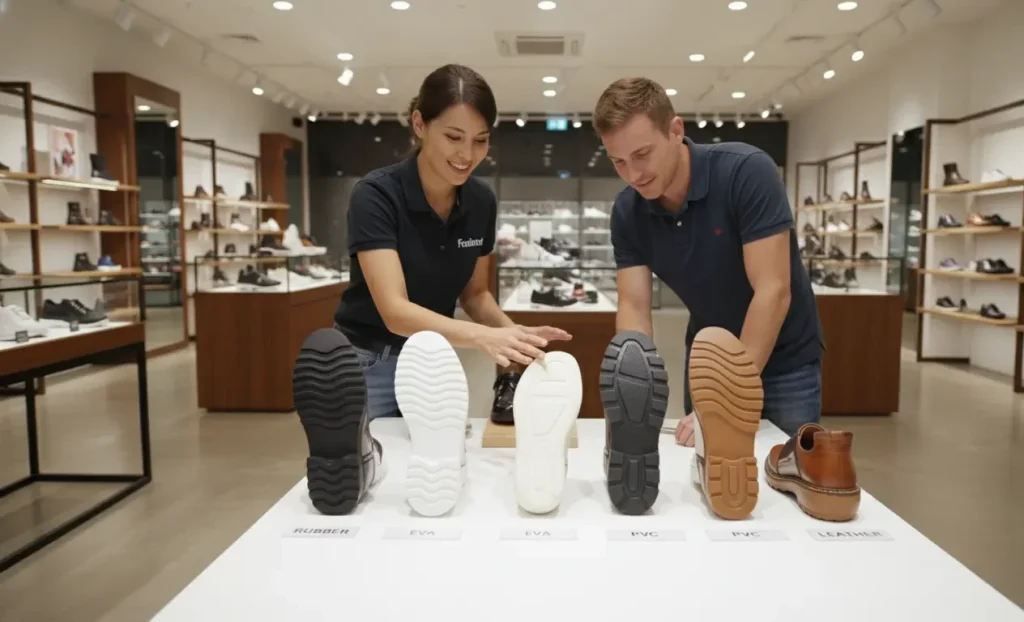 Footinst staff explaining different shoe sole materials like rubber EVA PU and leather for comfort and durability