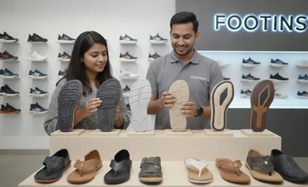 Footinst staff showing TPR sole samples on shoes sandals and paduka highlighting flexibility cushioning durability and grip