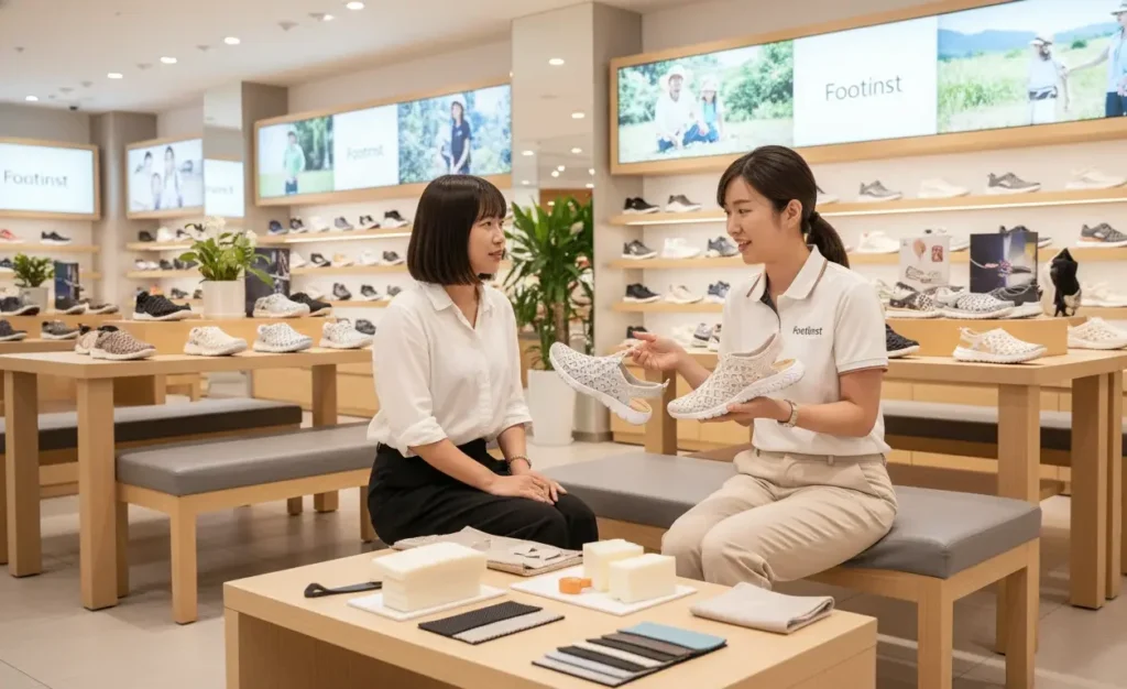 Female Footinst staff expert demonstrating textile shoes and sandals to a customer, highlighting lightweight, breathable, and flexible footwear suitable for all seasons.