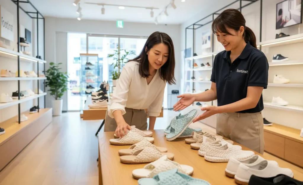 Female Footinst staff expert introducing textile shoes and sandals to a customer, highlighting lightweight, breathable, and flexible features.