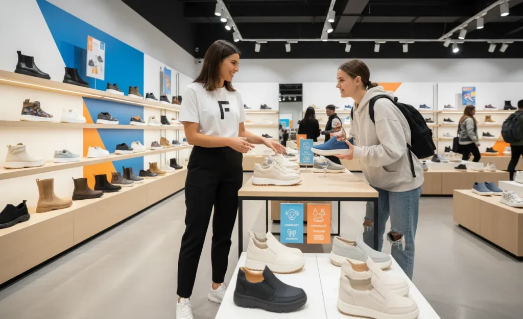 Female Footinst staff expert demonstrating casual shoes for young adults, including sneakers, loafers, slip-ons, and casual boots, emphasizing style, comfort, and versatility.