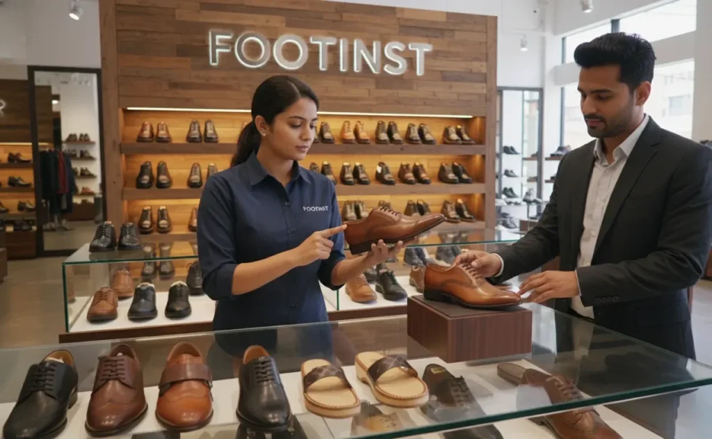 Footinst female staff showing top-grain leather shoes including office shoes casual footwear and paduka highlighting durability elegance and comfort