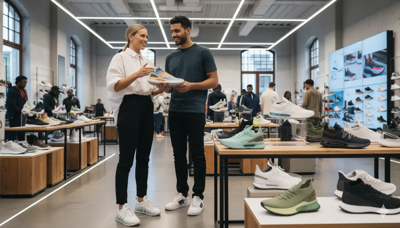 Female Footinst staff expert demonstrating the latest sneaker trends for men and women in 2026 to a customer, showcasing modern designs, colors, and comfort features.