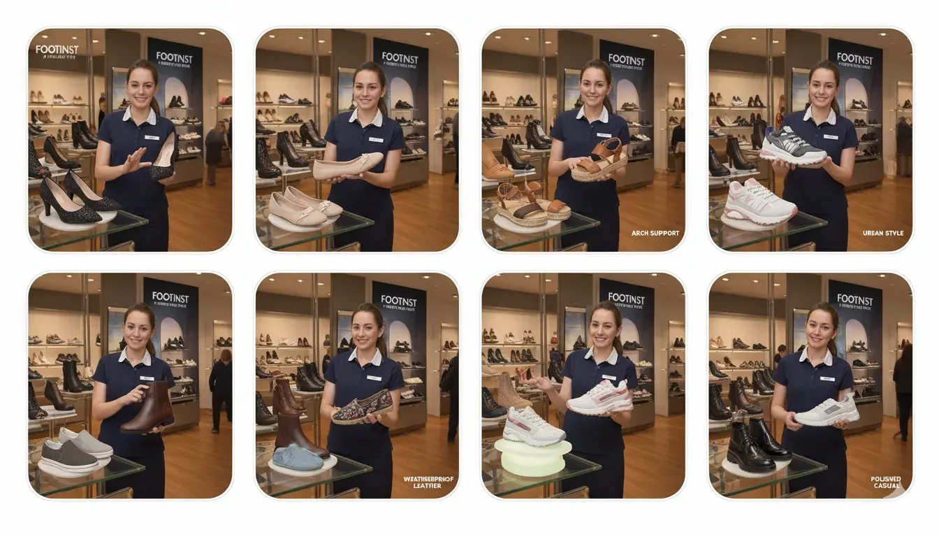 Multi-frame image of a Footinst flagship store showing a female staff expert demonstrating different types of women’s footwear to a customer, including heels, flats, sandals, sneakers, boots, mules, casual, and formal shoes, highlighting comfort, style, and fit.