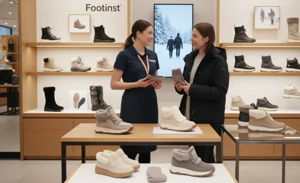 Female Footinst staff expert demonstrating women’s casual shoes suitable for winter to a customer, including boots, insulated sneakers, and warm loafers, highlighting warmth, comfort, and grip.