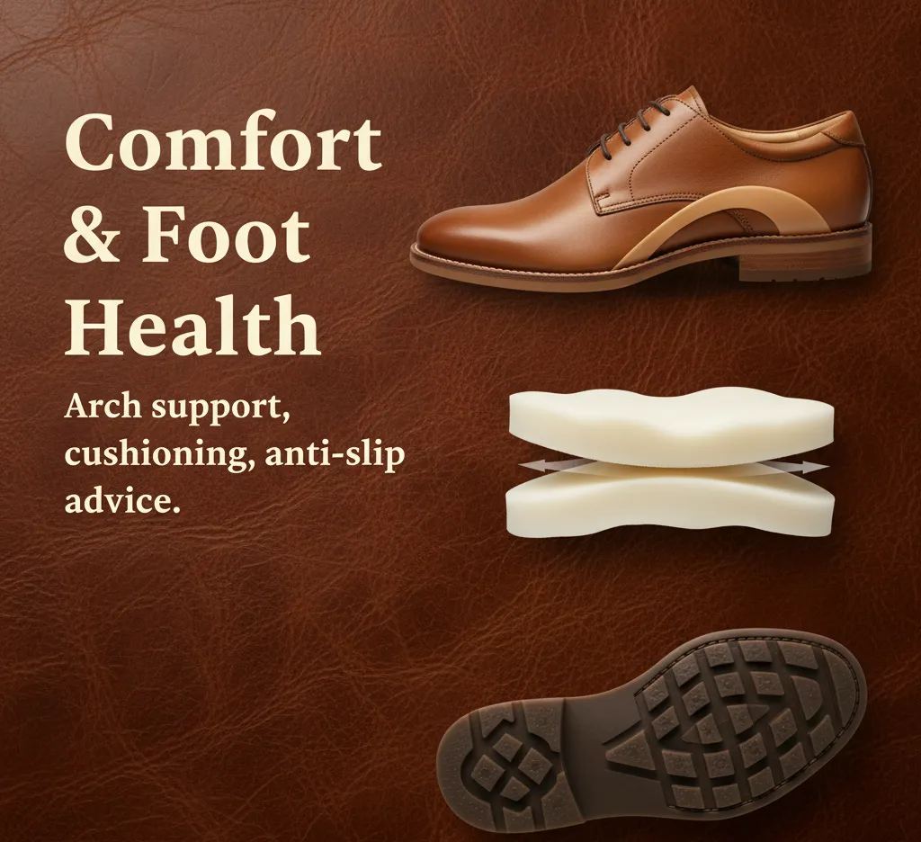 Comfort and foot health footwear guide banner showing arch support cushioning and anti-slip advice