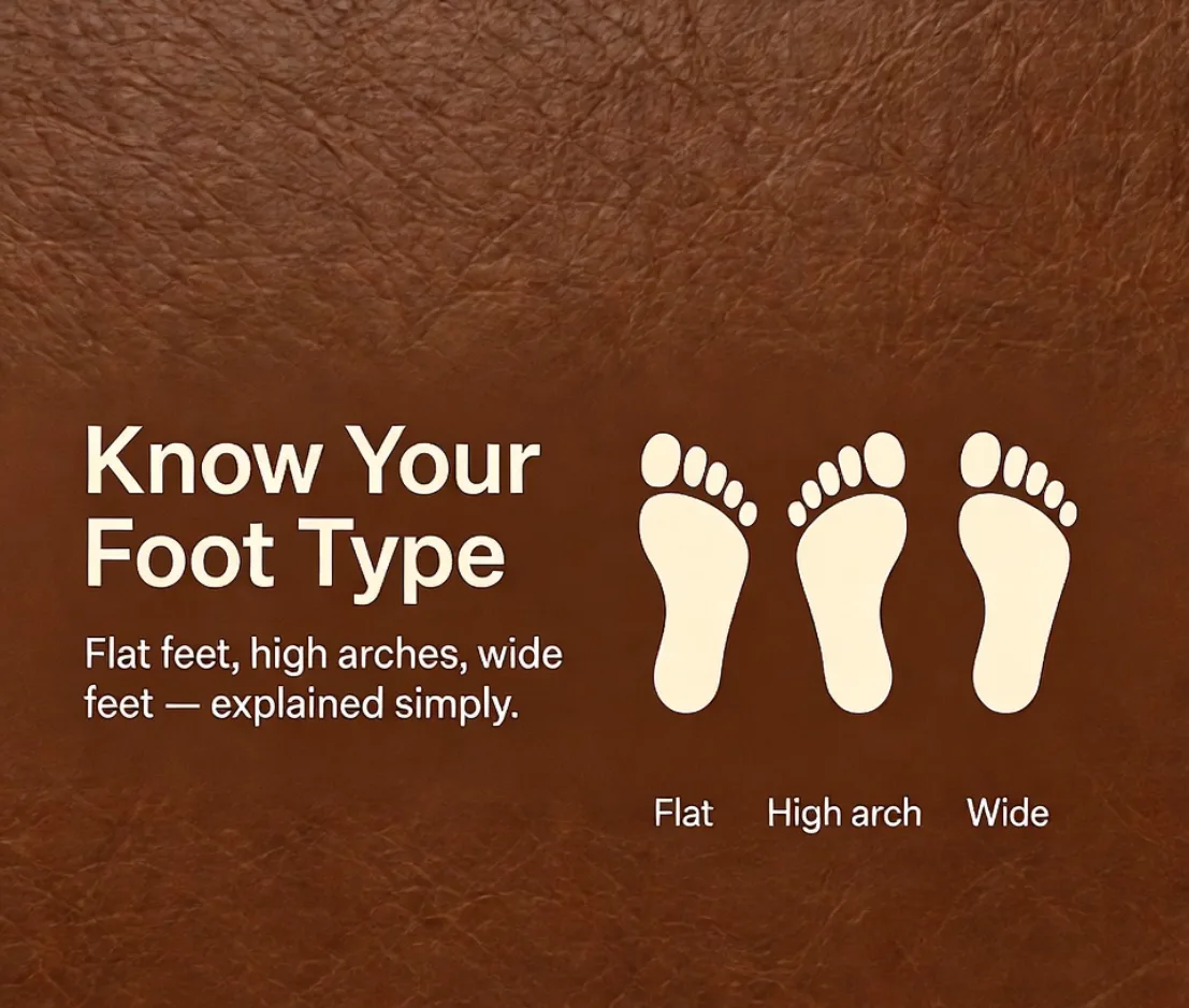 Foot type guide banner showing flat feet, high arch, and wide foot explanation