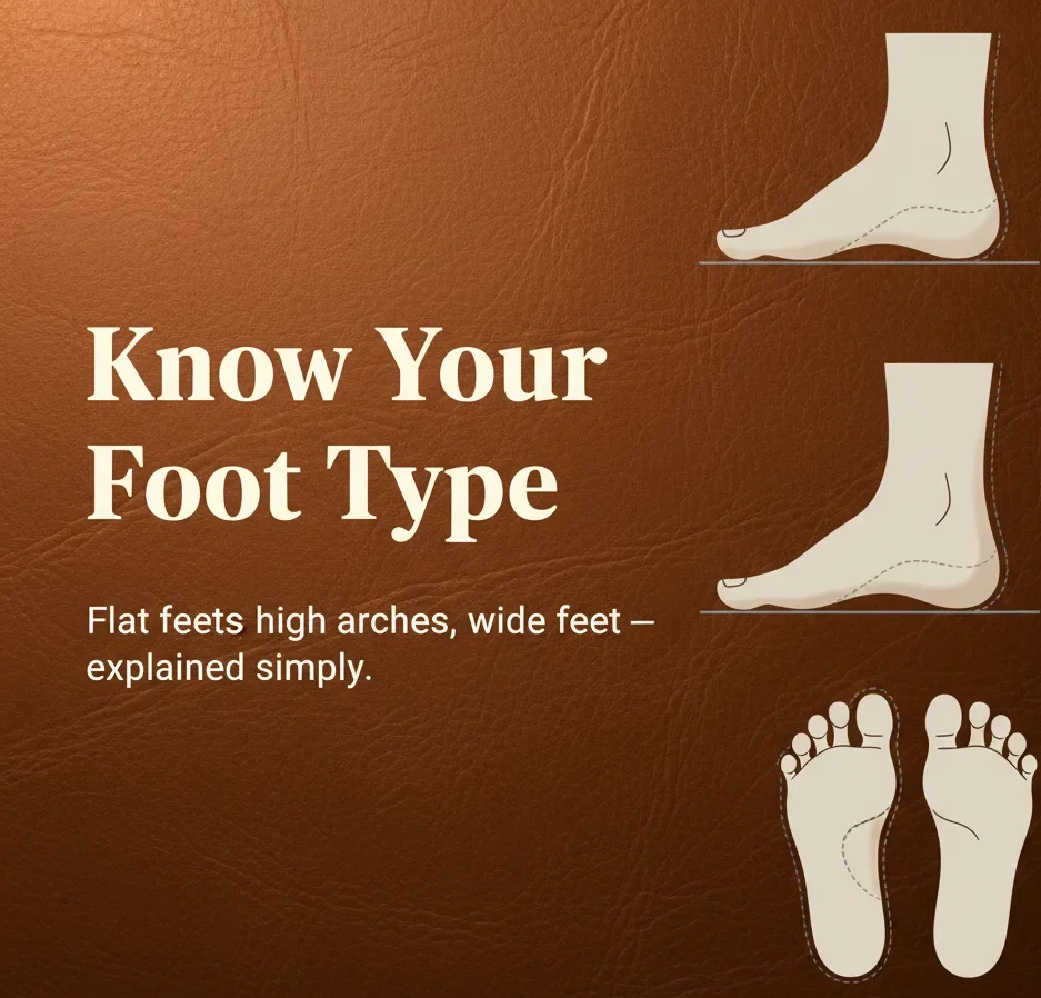 Foot type guide banner showing flat feet, high arch, and wide foot explanation