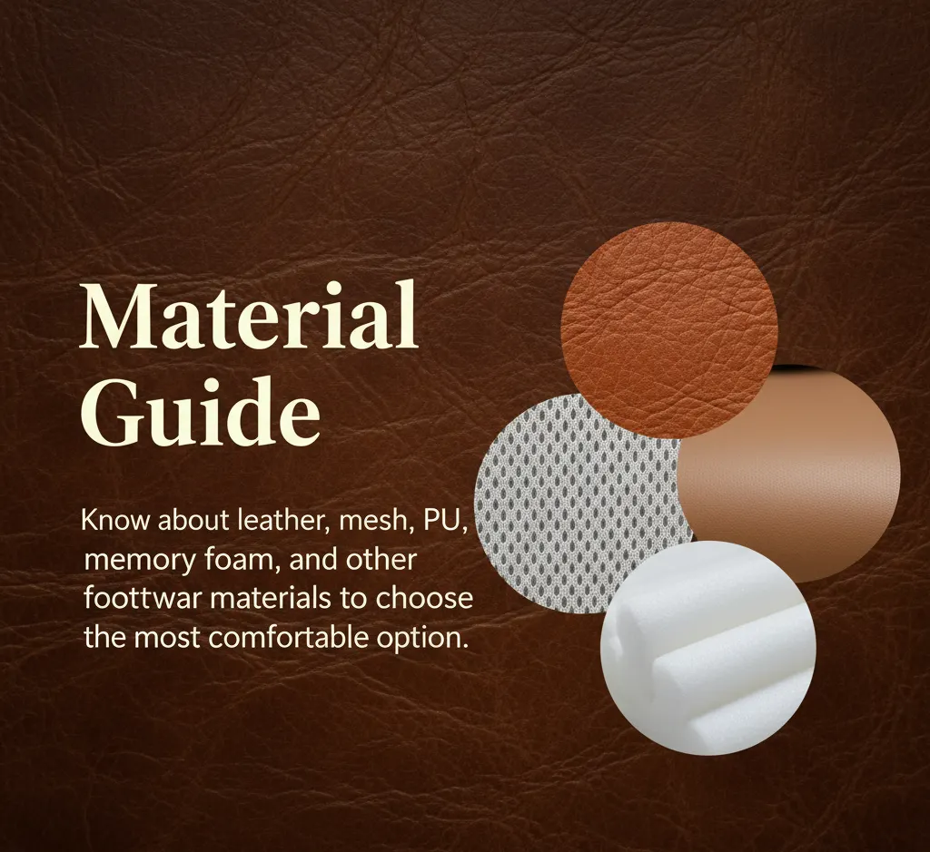 Premium brown leather background banner showing footwear material guide including leather, mesh, PU, and memory foam texture samples