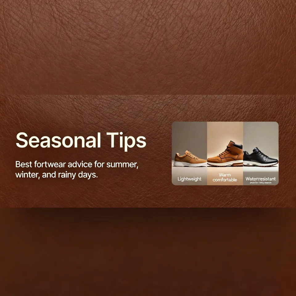 Seasonal footwear tips banner showing summer, winter, and rainy season shoes on brown leather background