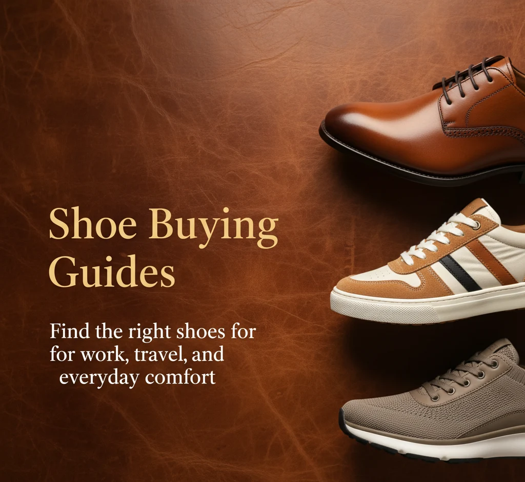 Premium brown leather background footwear guide banner showing shoe buying guides for work, travel and everyday comfort