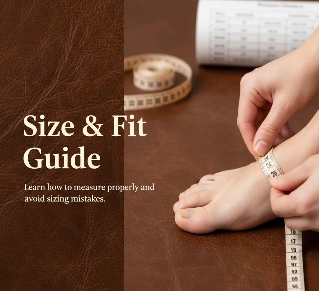 Size and Fit Guide banner showing foot measurement with tape on brown leather background for proper shoe sizing